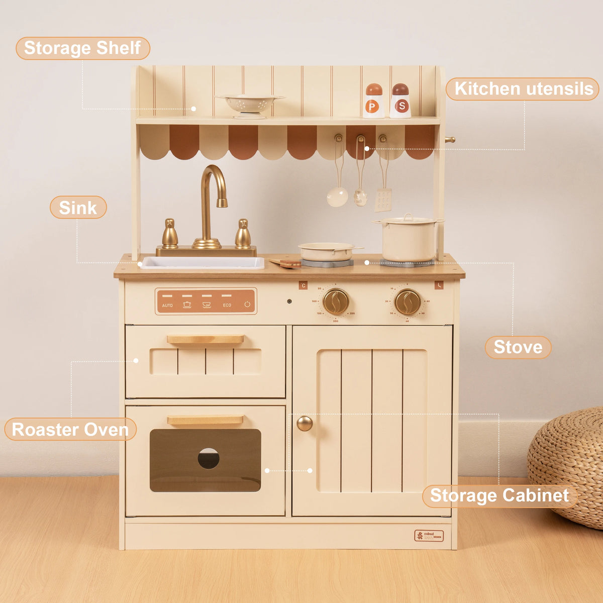 Play Kitchen for Kids Toddlers Wooden Pretend Play Kitchen Set Toy with Cutting Food Set Toys Kitchen Gift for 3+ Kids Beige