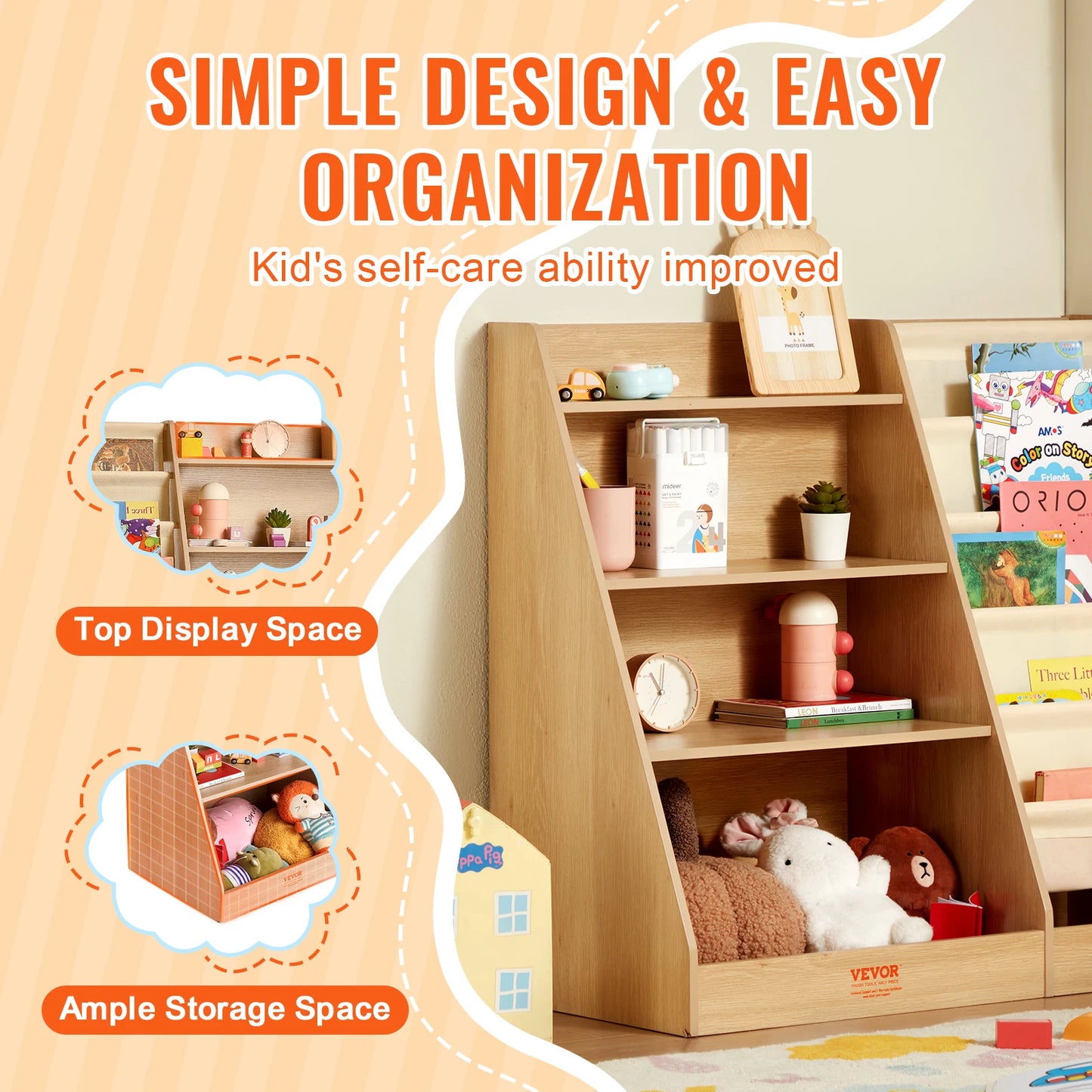 4-Tier Kids Wooden Bookshelf Six-Layer Sling Bookcase Storage Book Rack for Kids Room Playroom Kindergarten Nursery