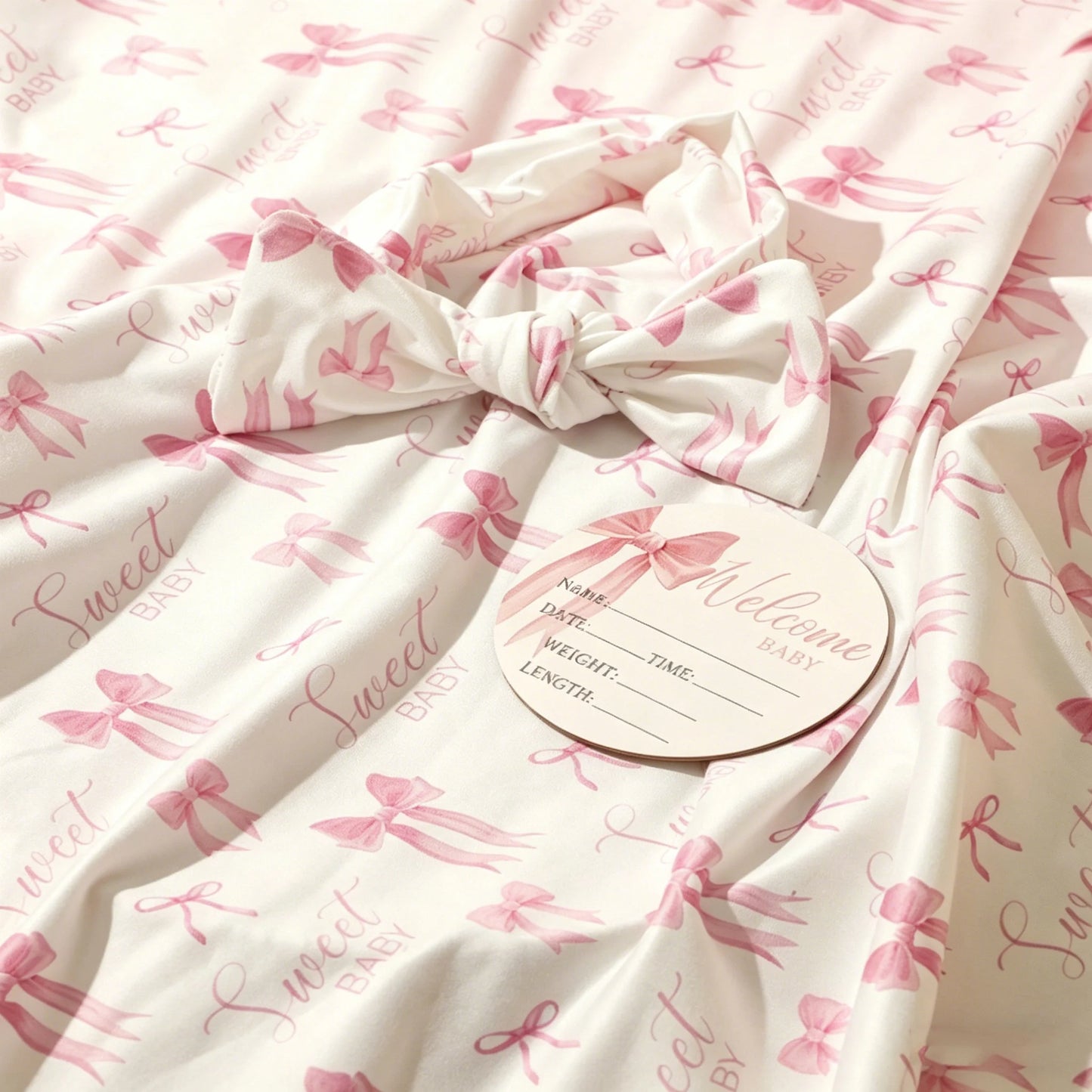 Newborn Photography Swaddle Blanket Set Pink Bow Print Infant Receiving Blanket with Headband Milestone Card Prop-HD
