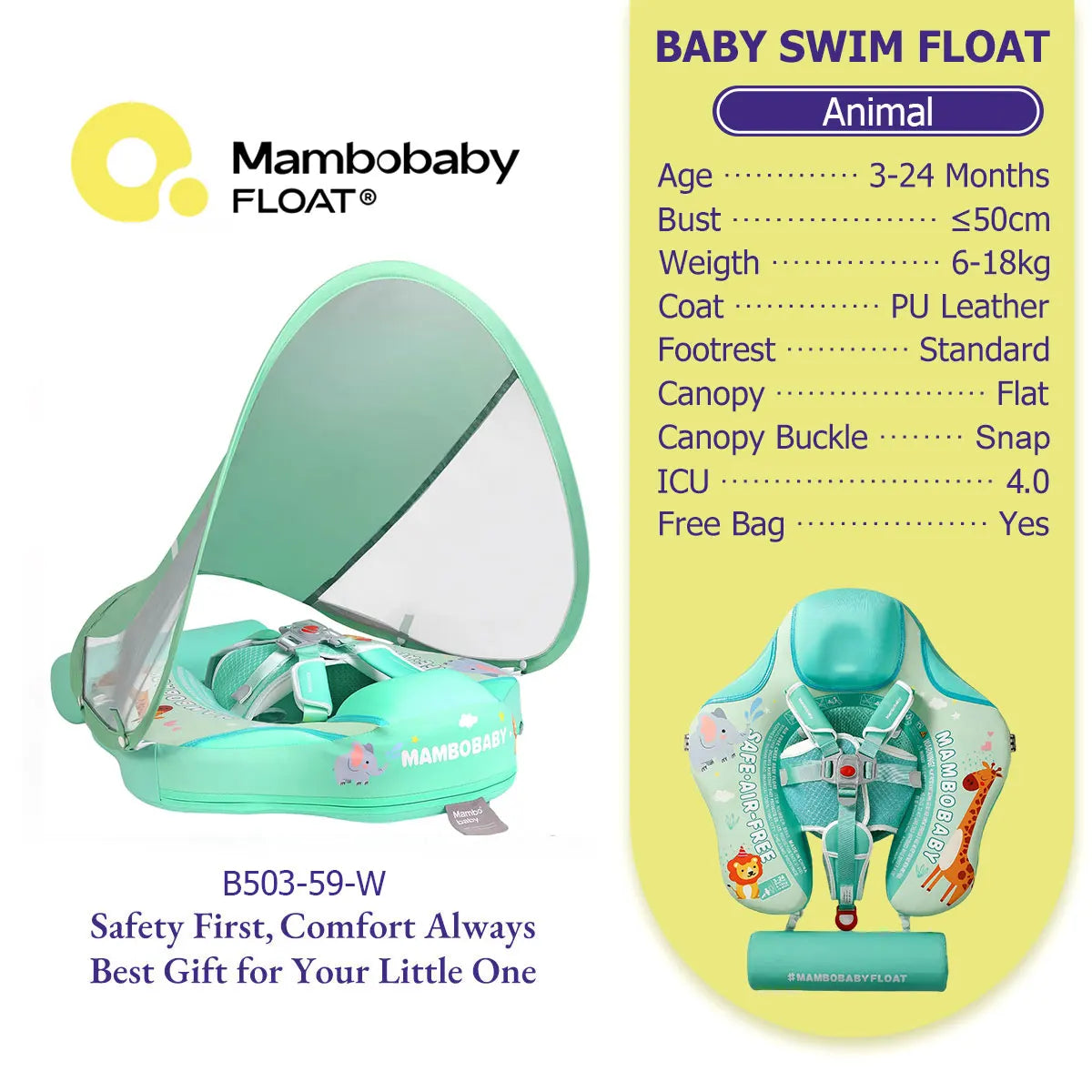 Gentle Skin-Safe Flamingo Air-Free Chest Float with Flat Canopy B503-143-W-Z Baby Swimming Ring Infant Water Circle