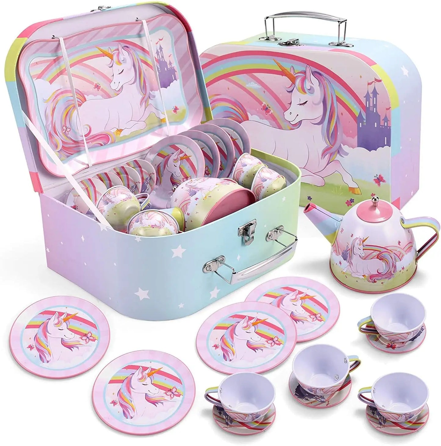 Kid Tea Set Mermaid Tea Party Set Princess Pretend Play Tin Teapot Set Kitchen Toy for Girls Toddlers 2 3 4 5 6 Years Old