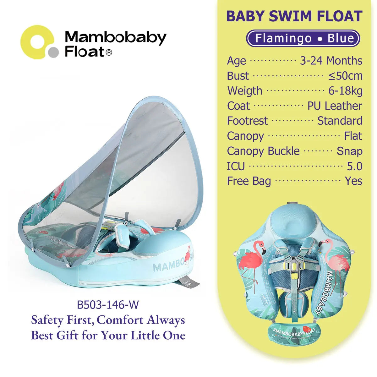 Mambobaby Gentle Skin-Safe Flamingo Air-Free Chest Float with Flat Canopy B503-143-W-Z Baby Swimming Ring Infant Water Circle