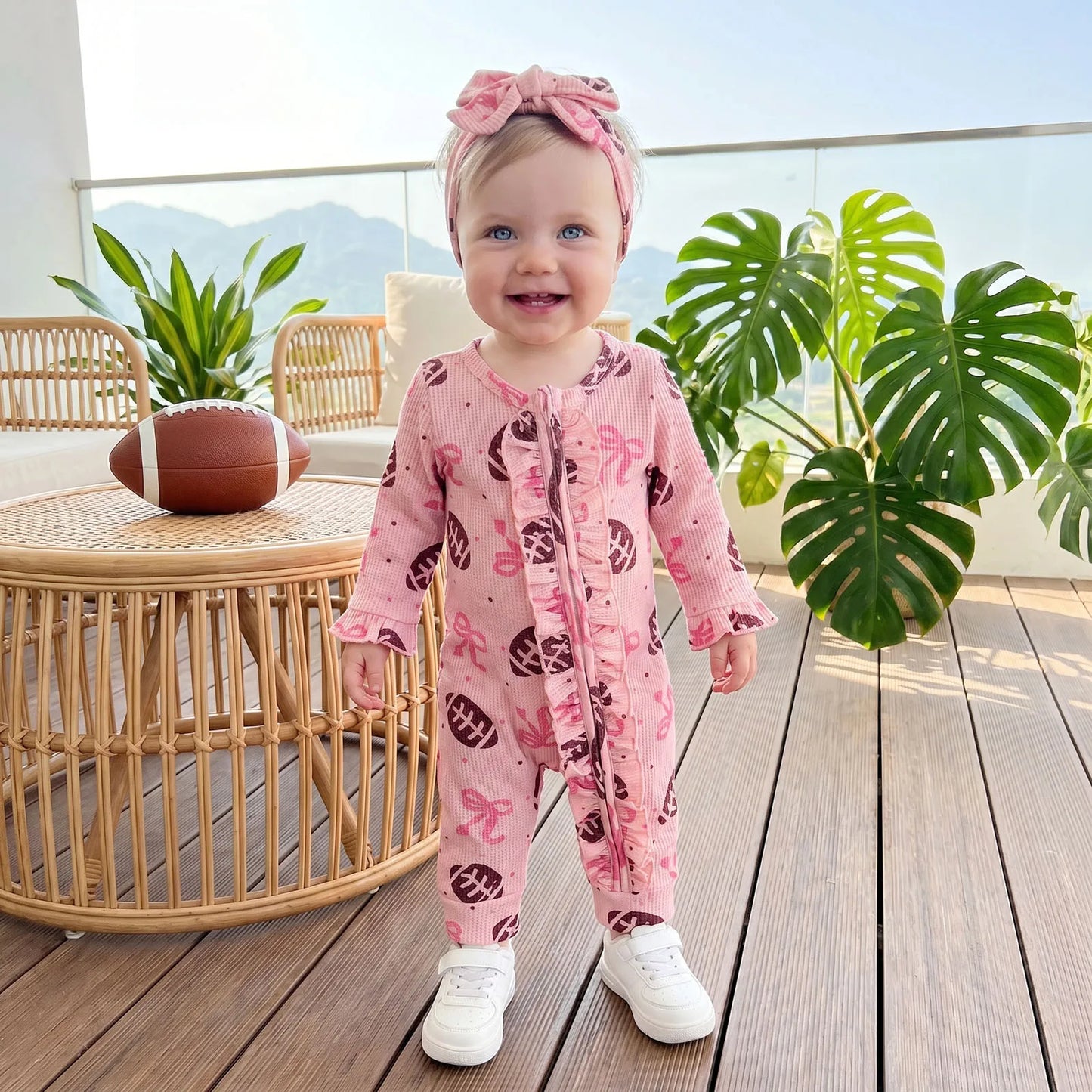 Baby Clothing Girls Fall Waffled Romper Bow Football Print Long Sleeve Ruffled Zip Up Jumpsuit with Headband Newborn Clothes