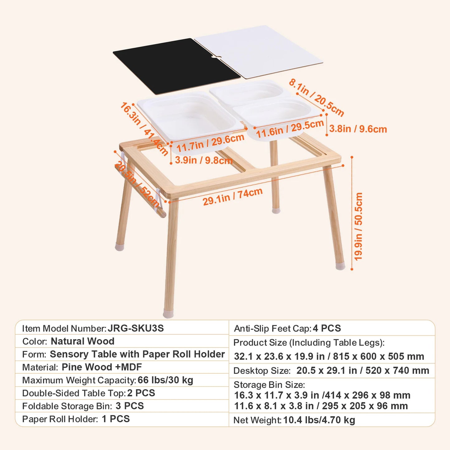 Wooden Sensory Table for Kids Activity with 3 Foldable Storage Bins & Double-Sided Board Indoor/Outdoor for Studying