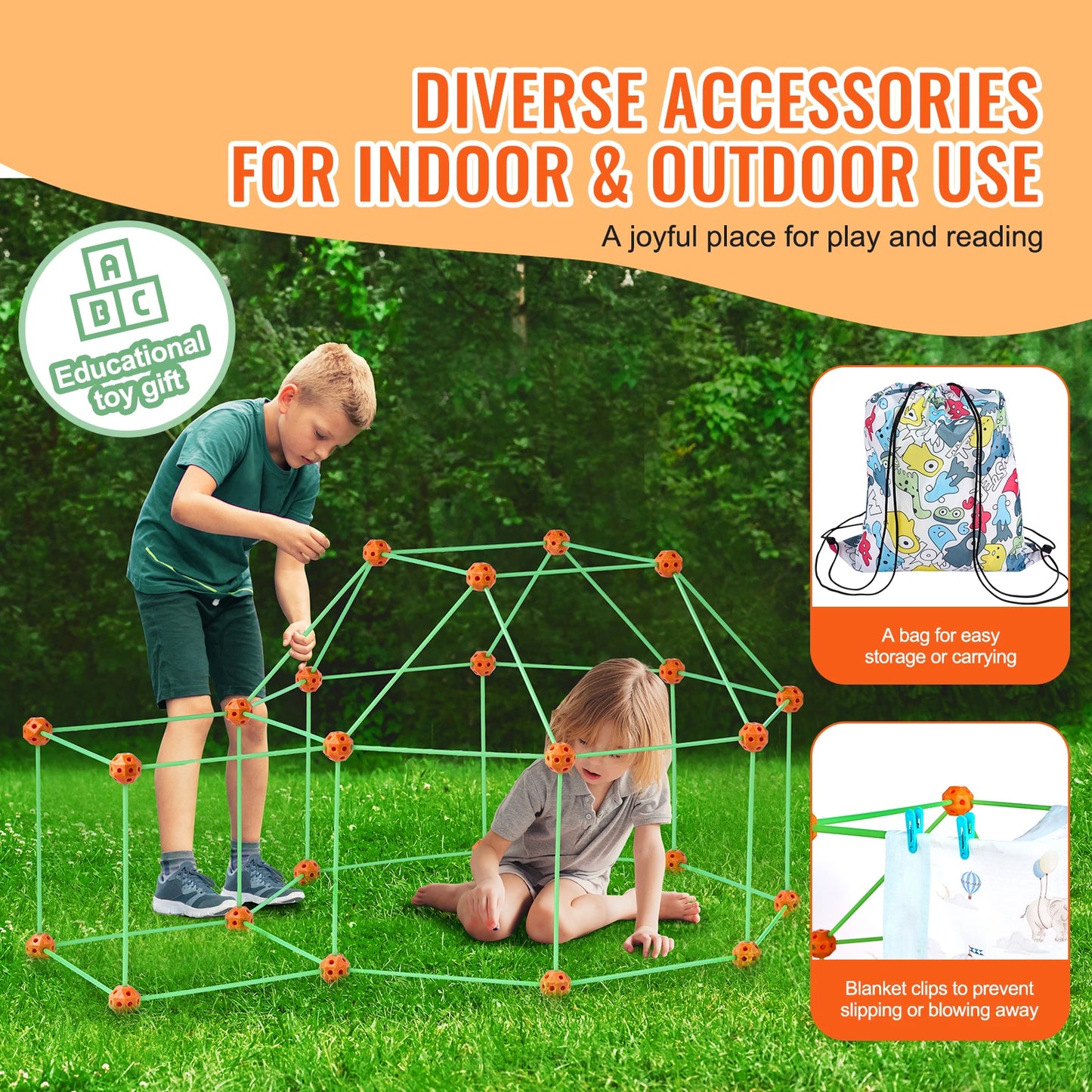 Fort Building Kit Children's DIY Indoor Castle Beading Stem with 96 Rods and 44 Balls Play Tent Toy for 4+ Kids Gifts