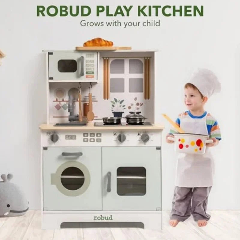 Play Kitchen Wooden Play Kitchen Set Pretend Playset w/ Lights & Sounds Gift for Girls Boys Age 3+ Light Green