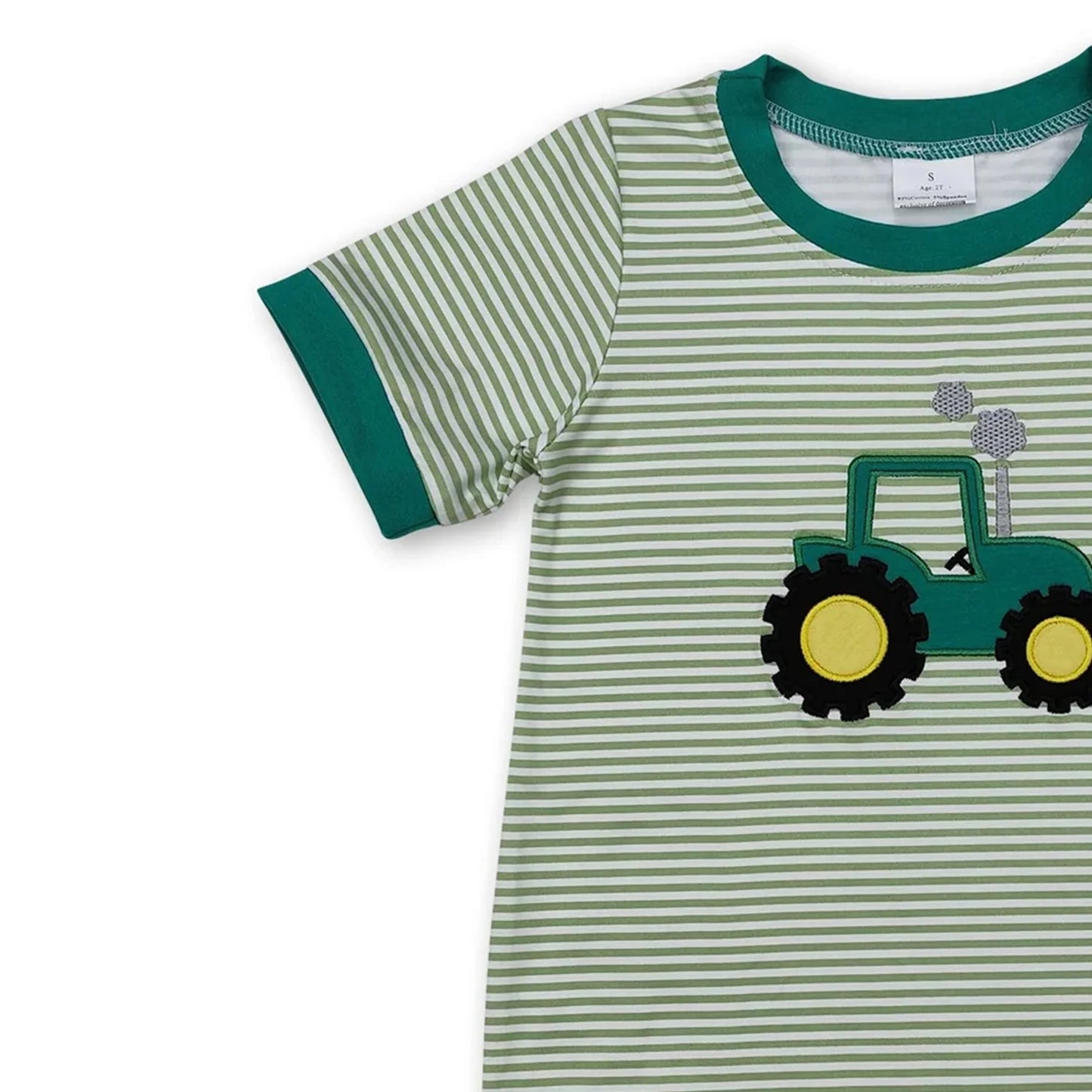 Short sleeves green stripe tractor baby boy romper