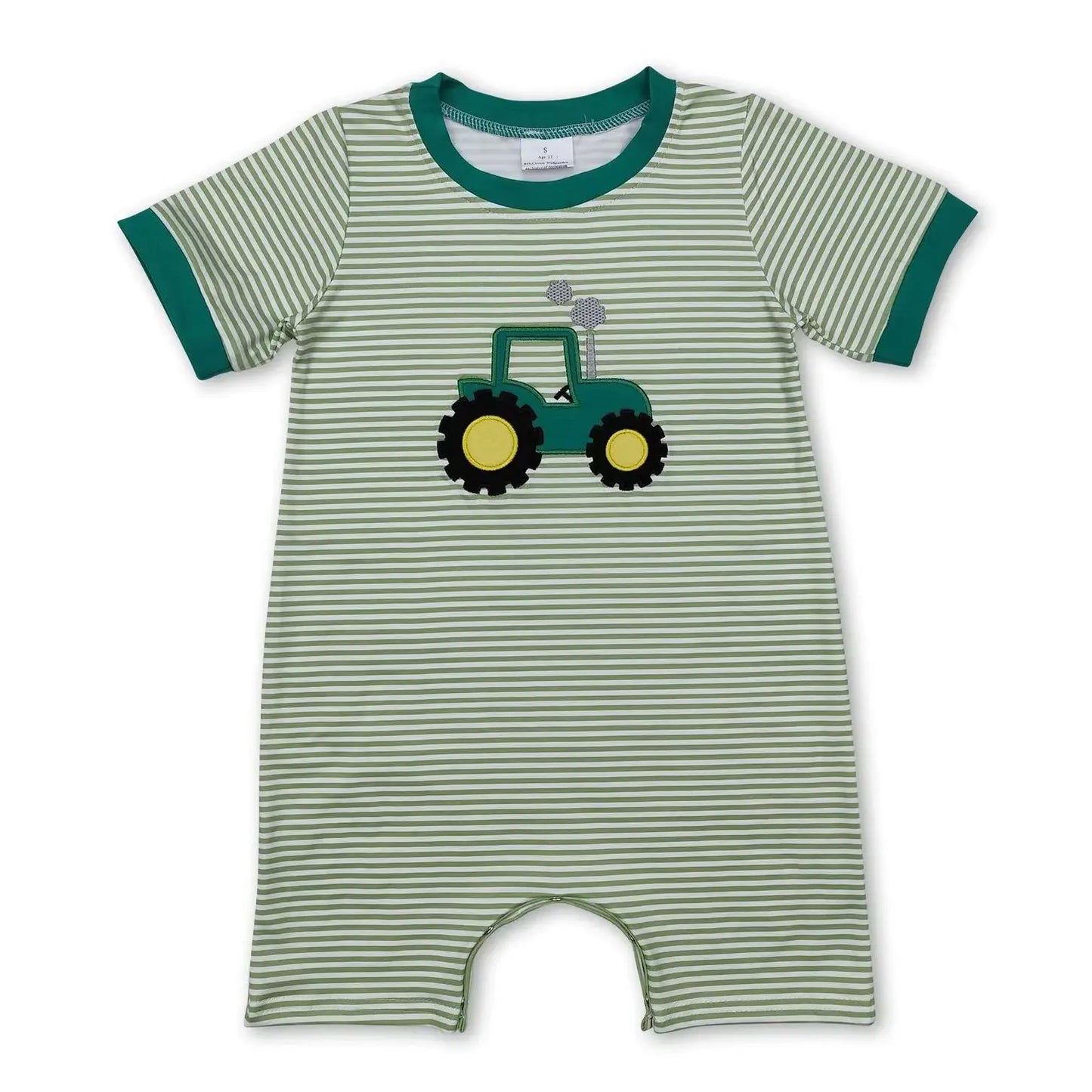 Short sleeves green stripe tractor baby boy romper