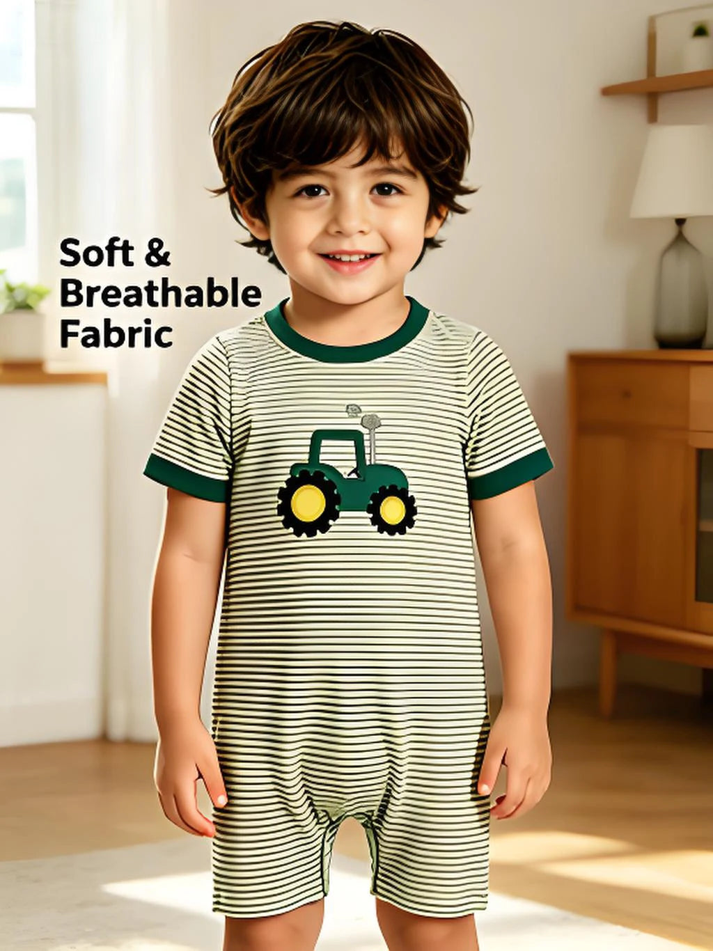 Short sleeves green stripe tractor baby boy romper