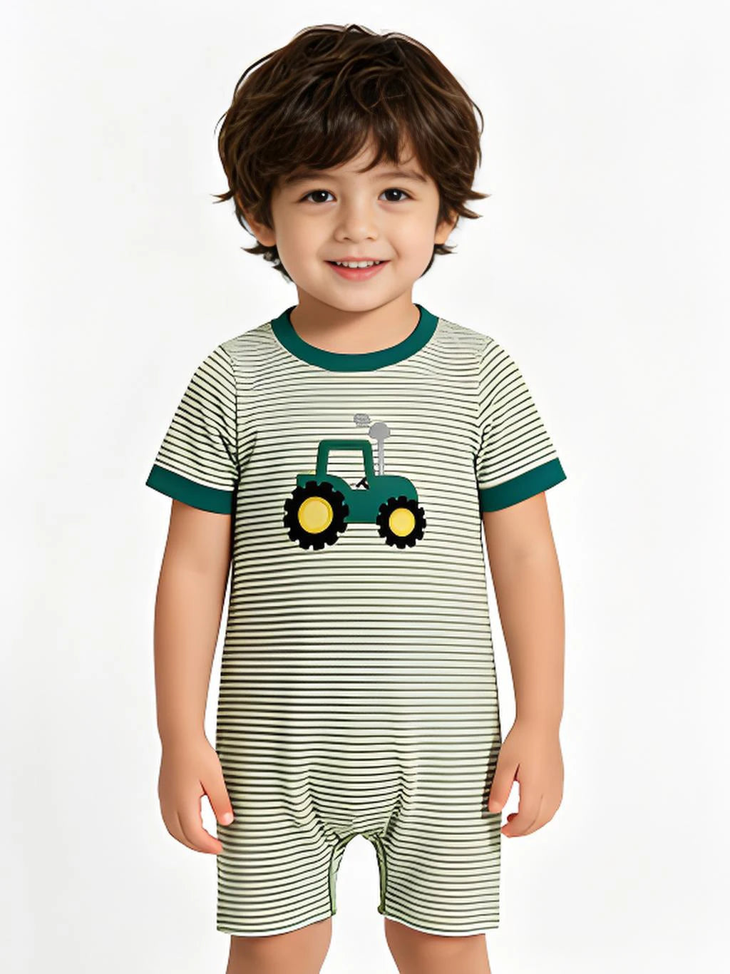 Short sleeves green stripe tractor baby boy romper