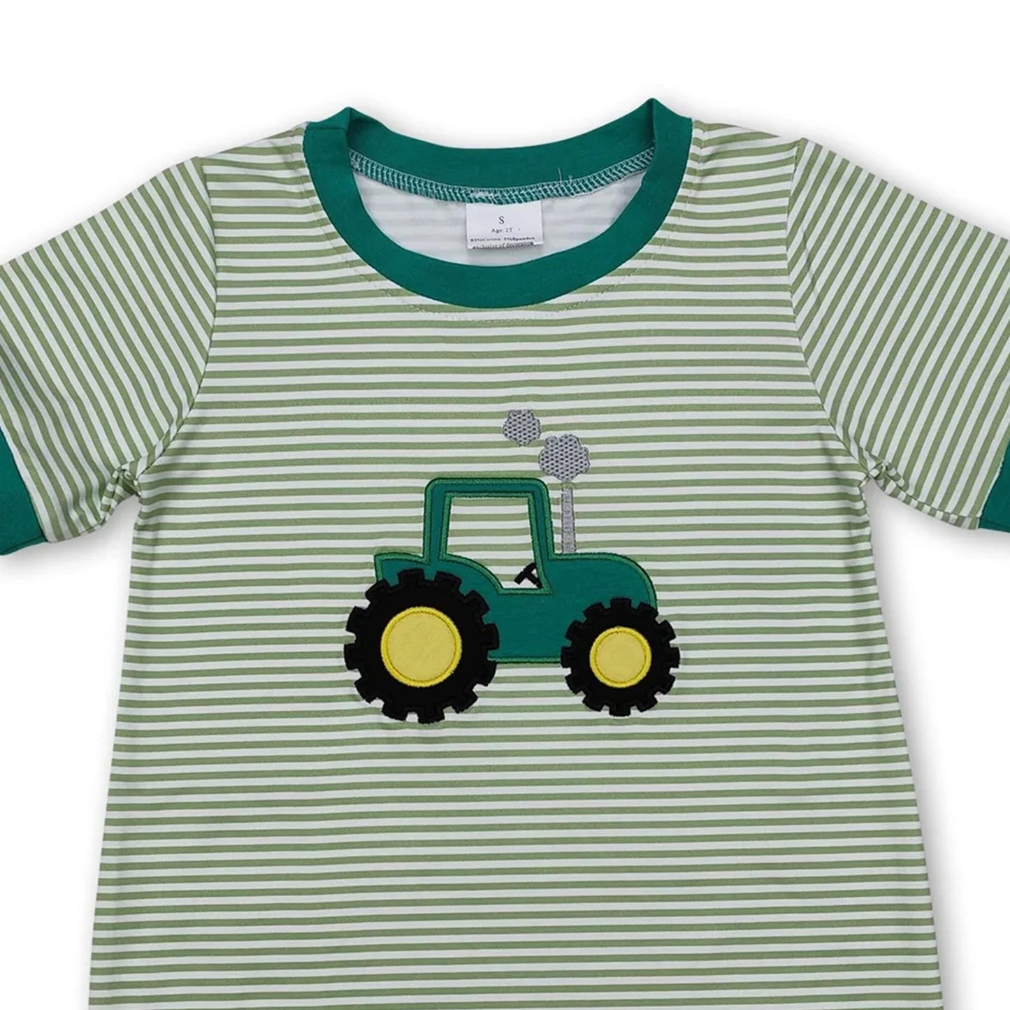 Short sleeves green stripe tractor baby boy romper