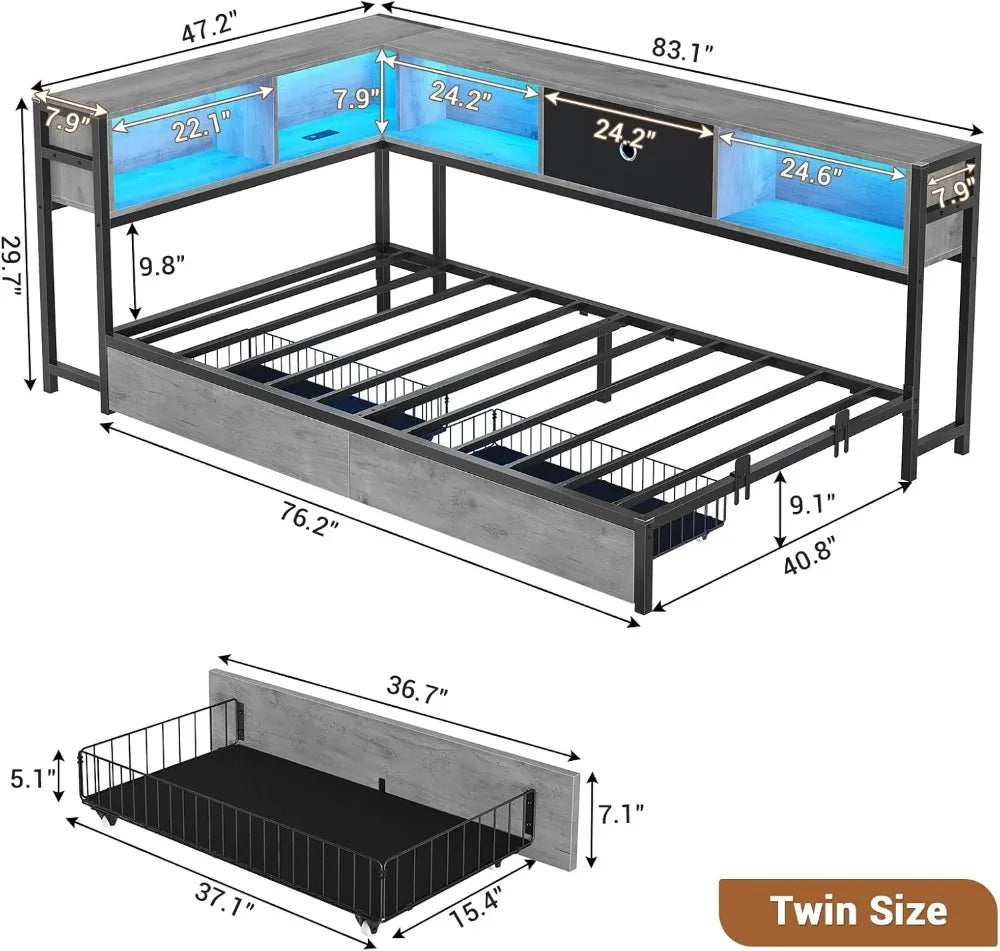 Twin Corner Bed Frame with Storage Drawers, Bookcase Headboard, LED Lights & Charging Station - Oak Gray Daybed for Kids Teens