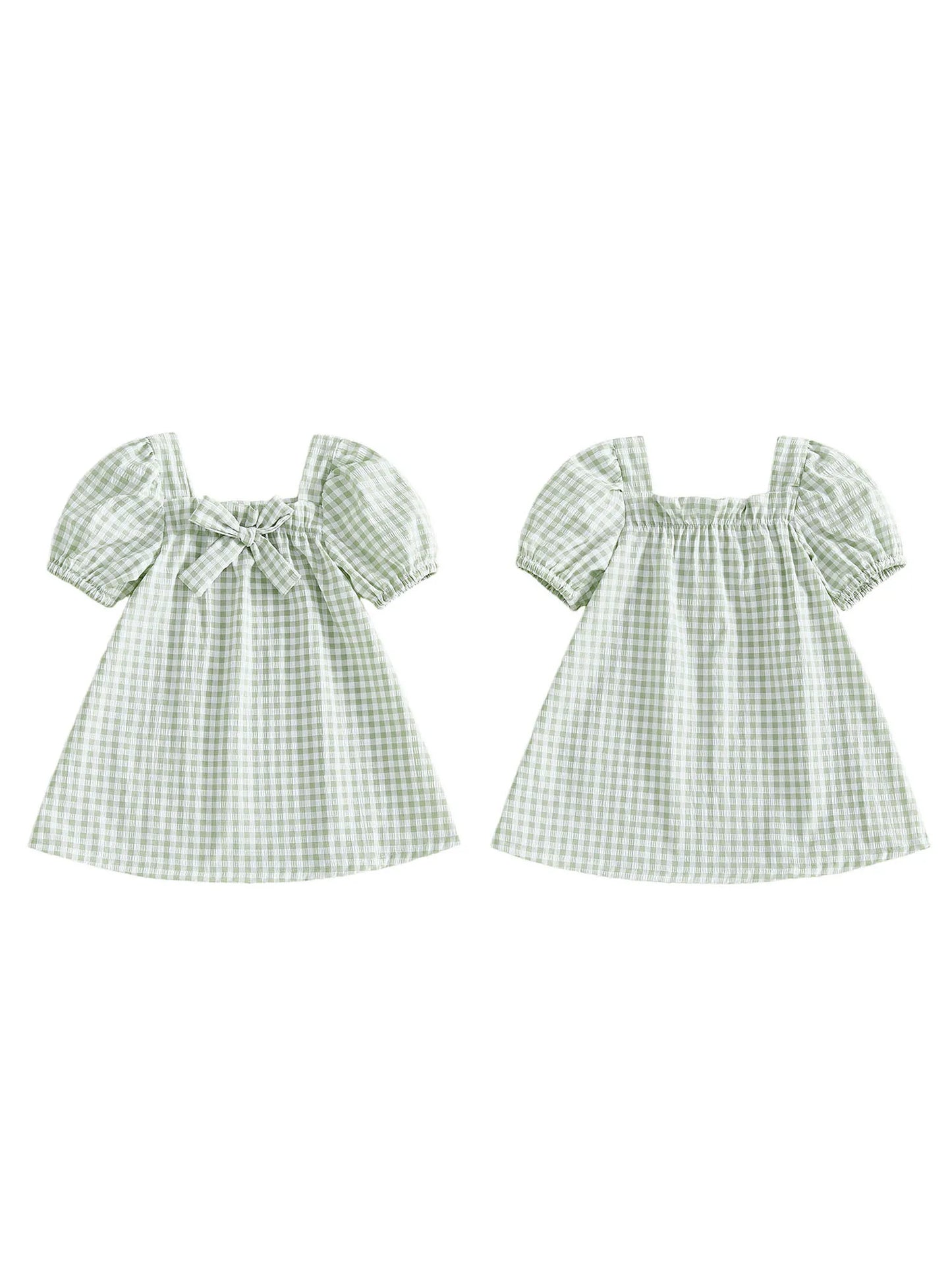 Stylish Toddler Girls Plaid Dress with Short Sleeves Square Collar and Adorable Bow Detail - Perfect for Summer