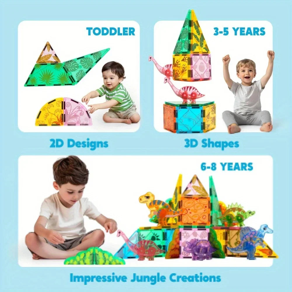 50Pcs Magnetic Building Tiles Dinosaur Set for Kids Christmas Birthday Gift 5 Cute Dinosaurs Educational STEM Toy
