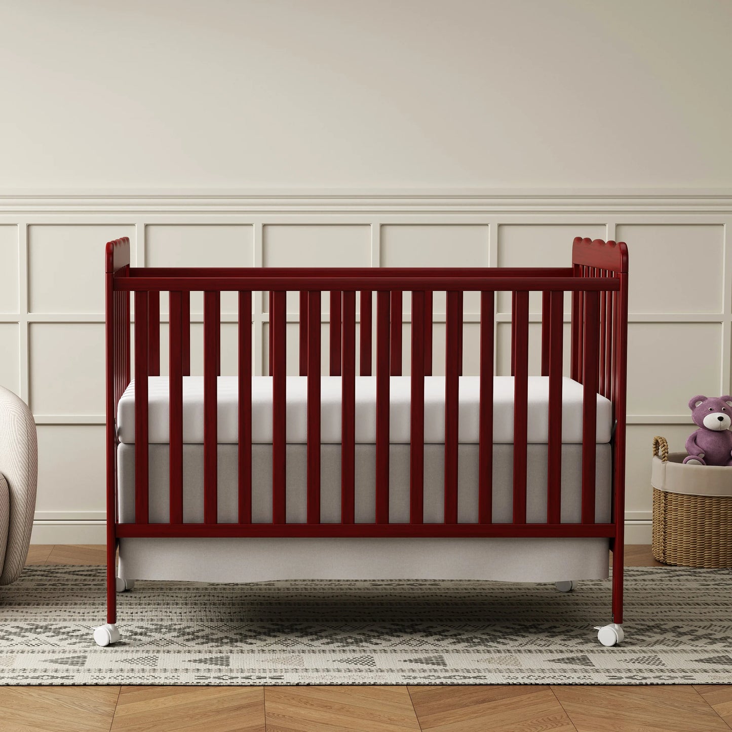4-in-1 Convertible Wooden Baby Crib, Converts to Toddler Bed & Daybed, 3 Adjustable Mattress Heights, Non-Toxic Finish, Removable Wheels