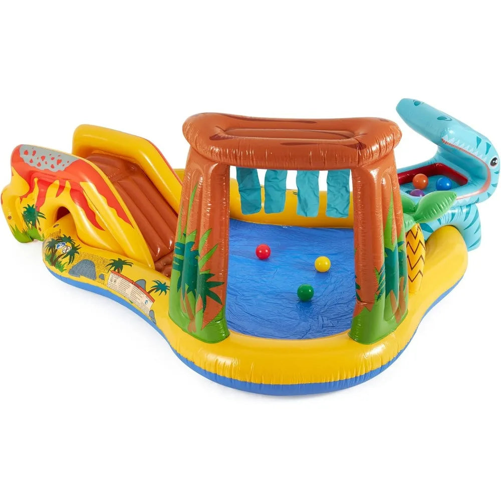 Inflatable Dinosaur Play Center, Outdoor Inflatable Water Park with Slide, Water Sprayer, Waterfall, 6 Balls, Kids Pool Playhour