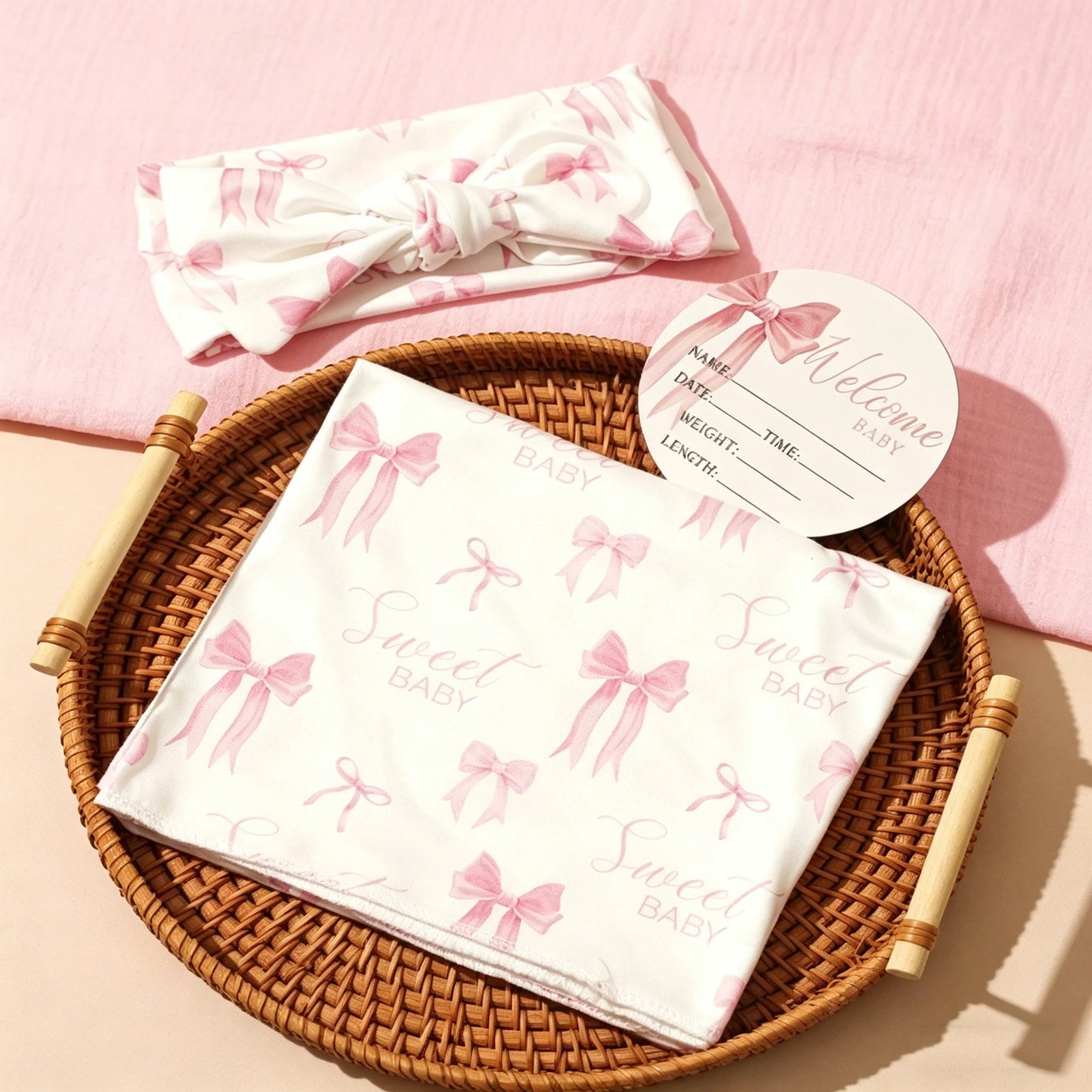 Newborn Photography Swaddle Blanket Set Pink Bow Print Infant Receiving Blanket with Headband Milestone Card Prop-HD