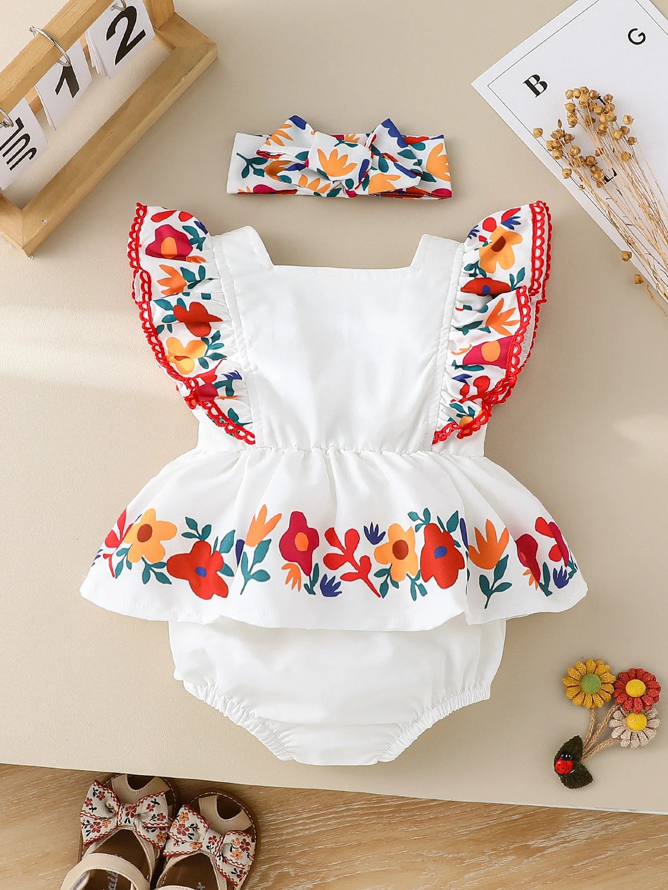 Two Pieces Baby Girls Summer Square Collar Printing Floral Fashion Ropmer For Newborn Items 0-1Y Vacation Jumpsuit +Headband