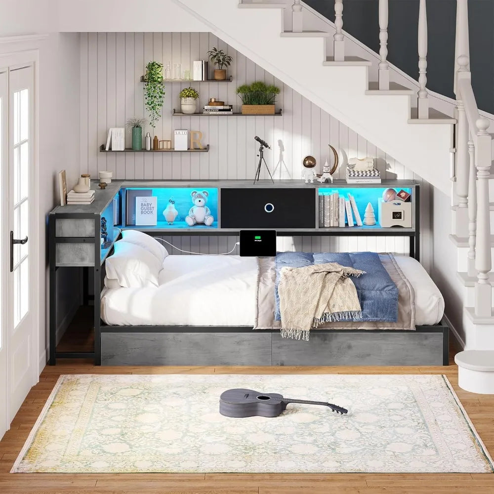 Twin Corner Bed Frame with Storage Drawers, Bookcase Headboard, LED Lights & Charging Station - Oak Gray Daybed for Kids Teens