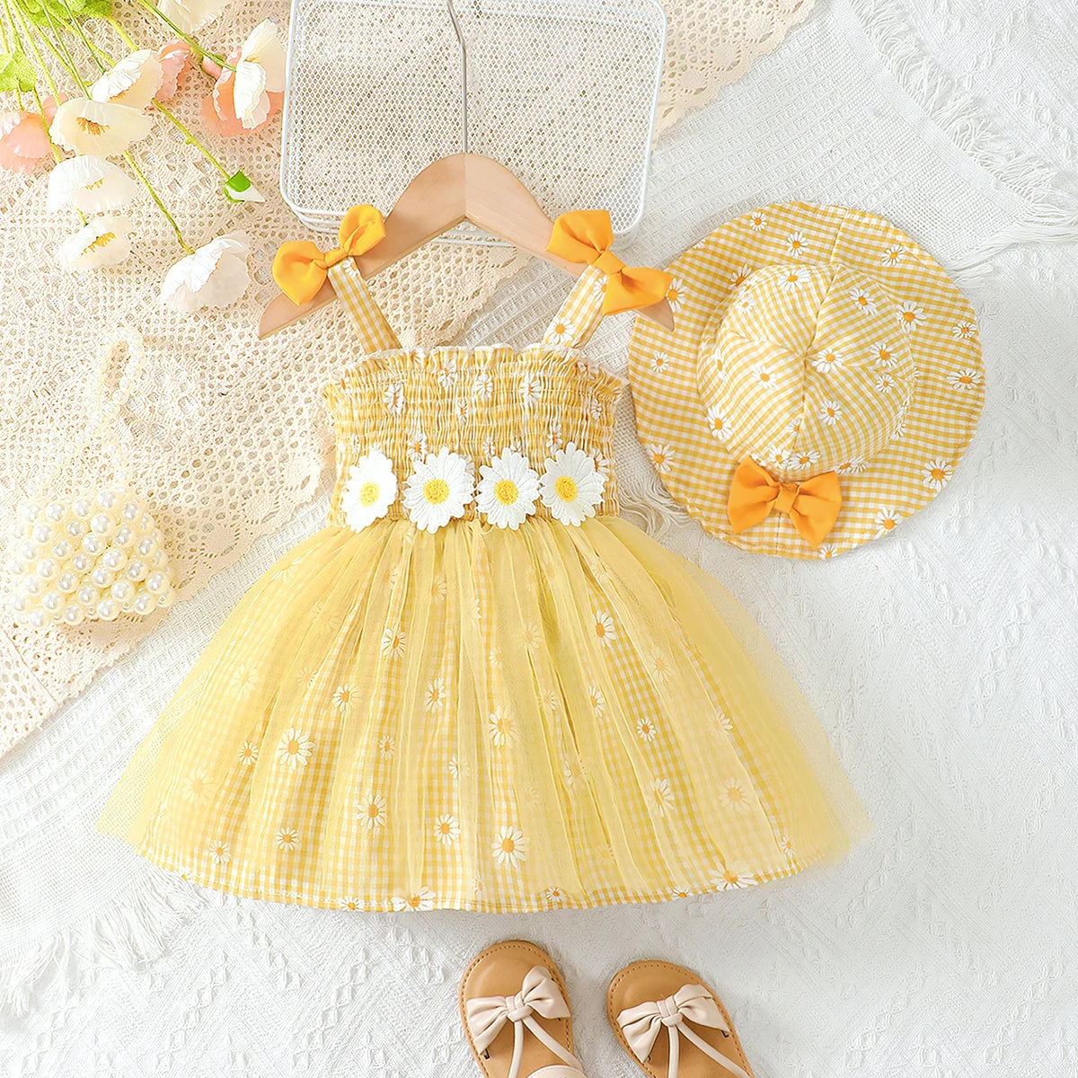 Baby girl Summer Dress Daisy Plaid Chiffon Sweet style Dress+Hat 2Pcs  for Cute Baby Girls aged 0-3 Years Vacation Casual Dress