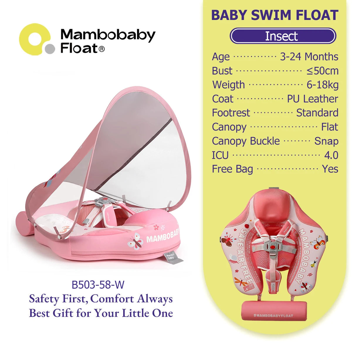 Mambobaby Gentle Skin-Safe Flamingo Air-Free Chest Float with Flat Canopy B503-143-W-Z Baby Swimming Ring Infant Water Circle