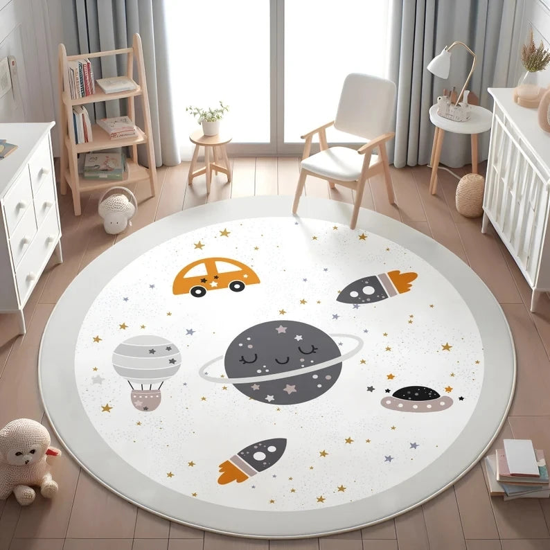 Planets Astronauts Playmat Round Rug  Living Room Decor Sofa Rug Kid's Play Mat Boys Bedroom Bedside
