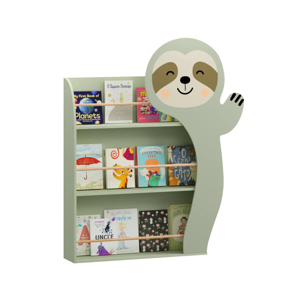 Sloth Kids Bookshelf, Front-Facing Toddler Book Display Rack with 3 Tiers, Cute Animal Design, Wooden Nursery Bookshelf for Playroom, Bedroom & Reading Corner, Safe & Sturdy Storage Organizer
