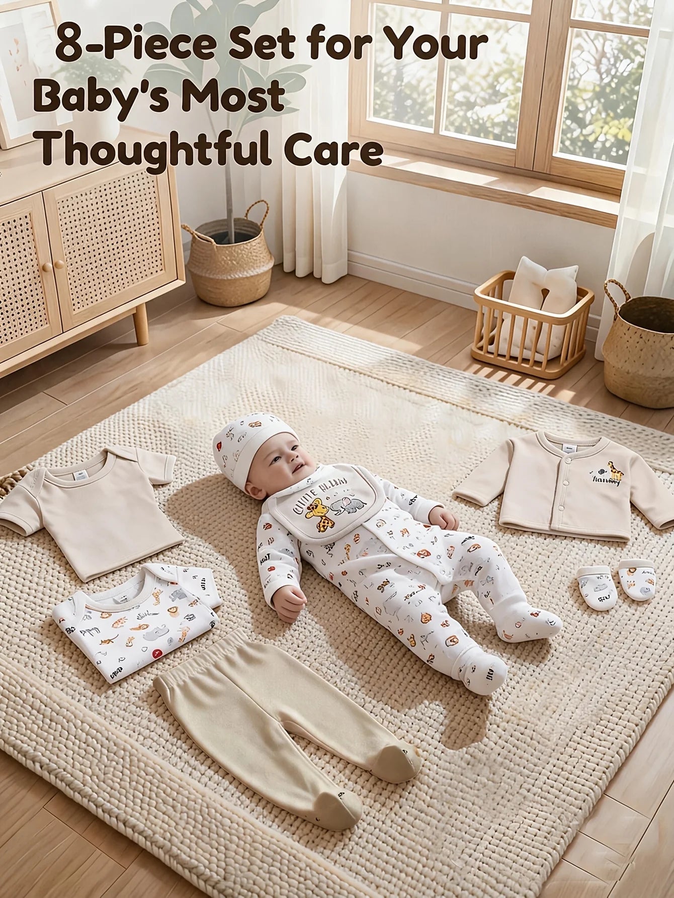 Soft Stretchy Rompers with Cute And Prints (Elephant, Giraffe, "I Love Mom" Lettering) Incl. Long Romper, Hat, Bib, Socks, Pants, Jacket, Top And Bodysuit, for Outdoor
