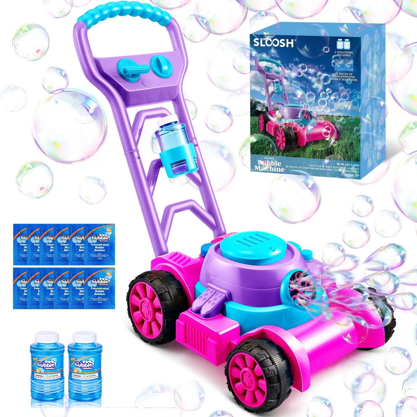Bubble Machine Bubble Lawn Mower Summer Outdoor Toys Pink Bubble Blower for Kids 3-6 Birthday Gifts