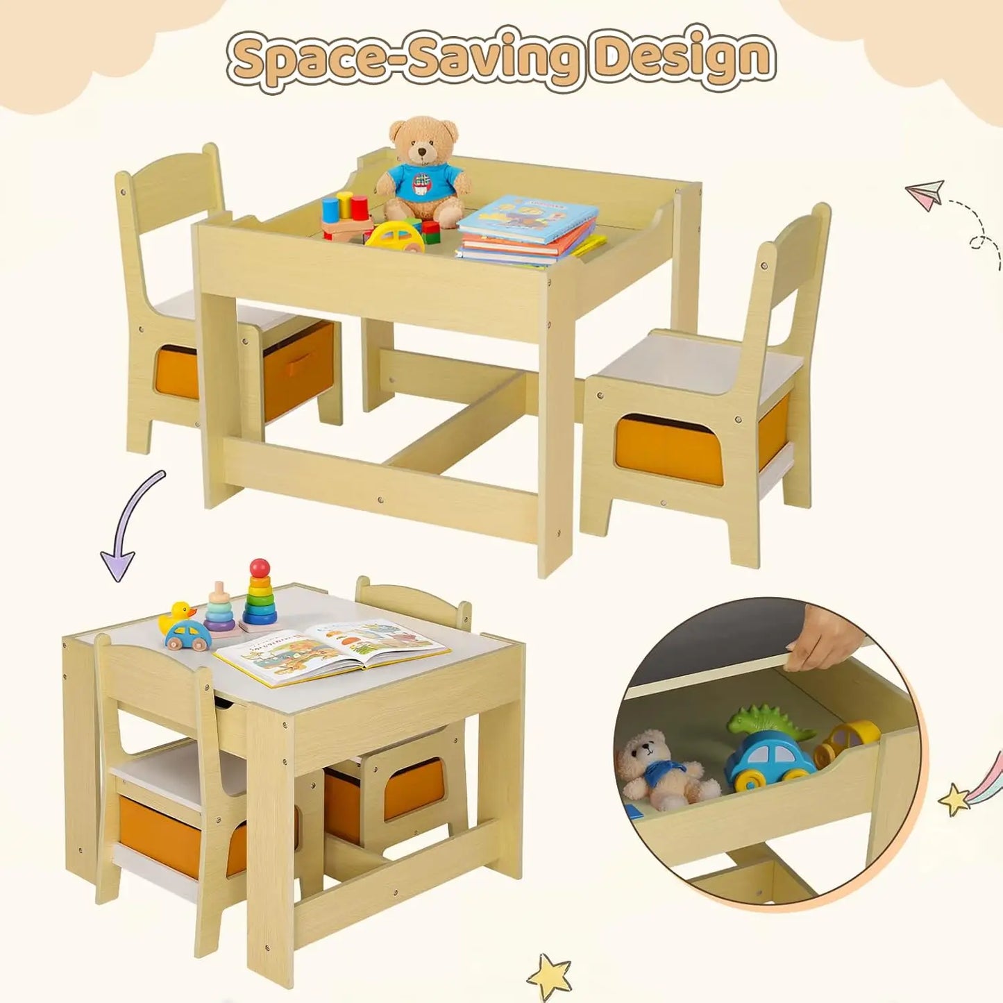Kids Table and Chair Set, 4 in 1 Wooden Children Activity Table w/Storage, Reversible Deskboard, Blackboard,, Customized