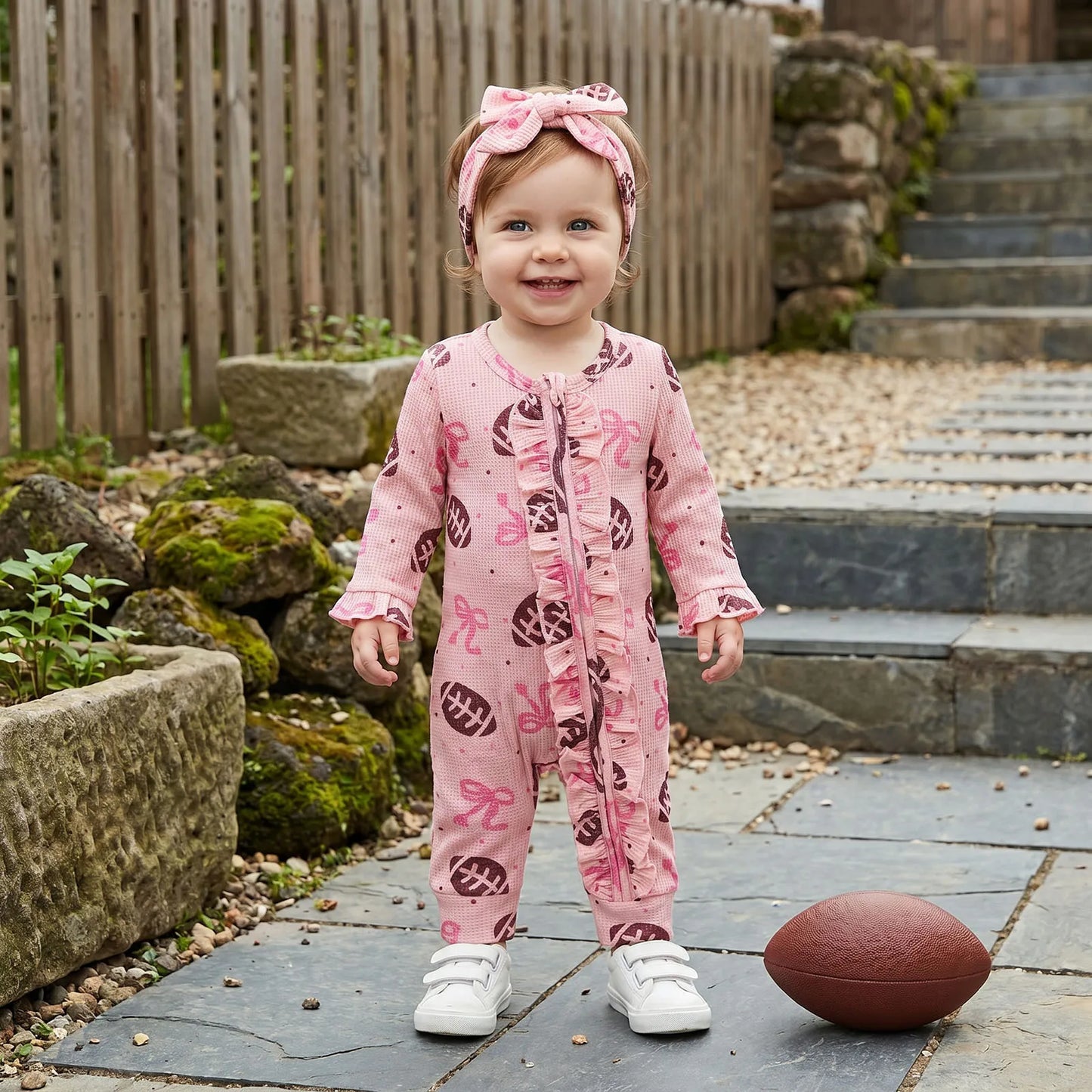 Baby Clothing Girls Fall Waffled Romper Bow Football Print Long Sleeve  Ruffled Zip Up Jumpsuit with Headband Newborn Clothes