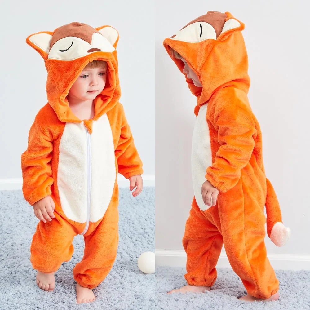 Cute Flannel Animal Rompers for Baby Winter Kid 1 2 3 4 Years Cartoon Jumpsuit Boy Girl Long Sleeve Hooded Playsuit Thick Pajama
