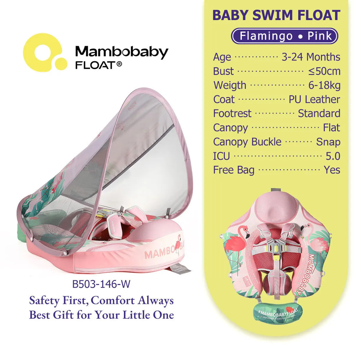 Gentle Skin-Safe Flamingo Air-Free Chest Float with Flat Canopy B503-143-W-Z Baby Swimming Ring Infant Water Circle