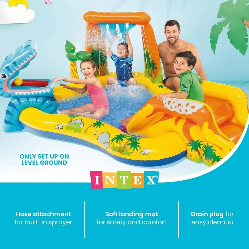 Inflatable Dinosaur Play Center, Outdoor Inflatable Water Park with Slide, Water Sprayer, Waterfall, 6 Balls, Kids Pool Playhour