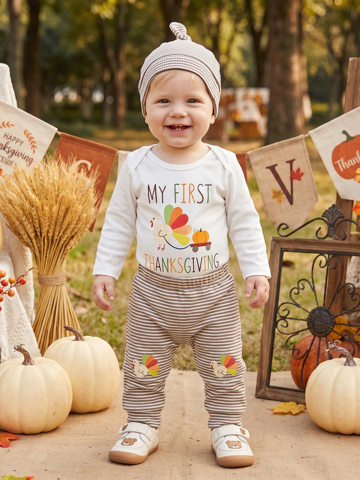 Baby Thanksgiving Outfit Thanksgiving Outfit Letter Baby Boy Thanksgiving Sleeve Stripe Stripe Pants Hat Romper Stripe Pants Top