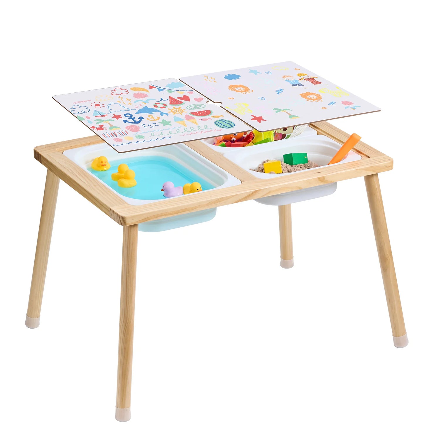 Wooden Sensory Table for Kids Activity with 3 Foldable Storage Bins & Double-Sided Board Indoor/Outdoor for Studying