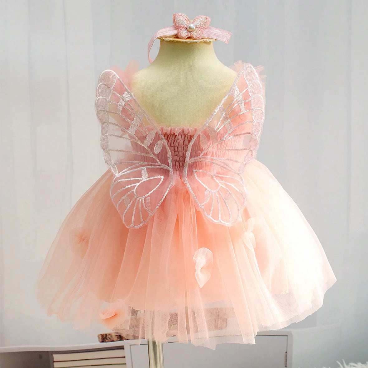 2Pcs Newborn Girl Dress Sweet Hanging Strap Butterfly Mesh Cute Back Butterfly Wings Mesh Dress Princess Dress Suitable for 0-3