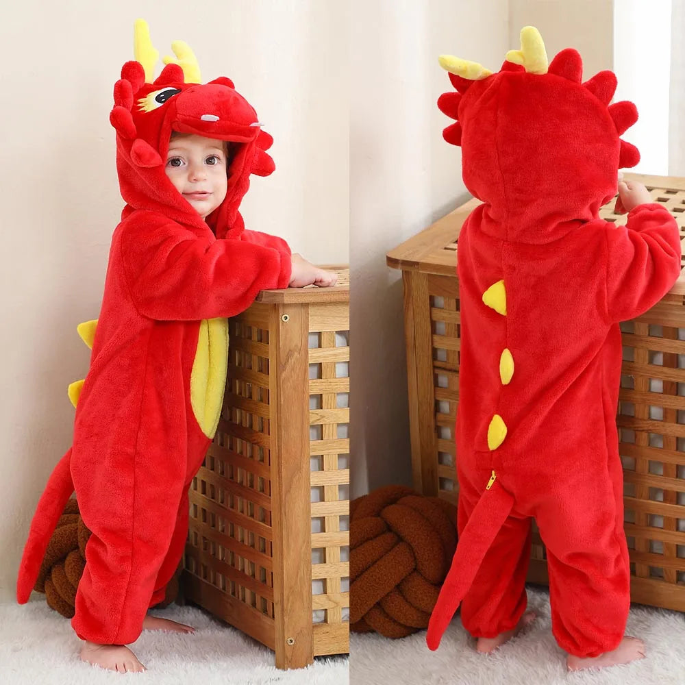 Cute Flannel Animal Rompers for Baby Winter Kid 1 2 3 4 Years Cartoon Jumpsuit Boy Girl Long Sleeve Hooded Playsuit Thick Pajama