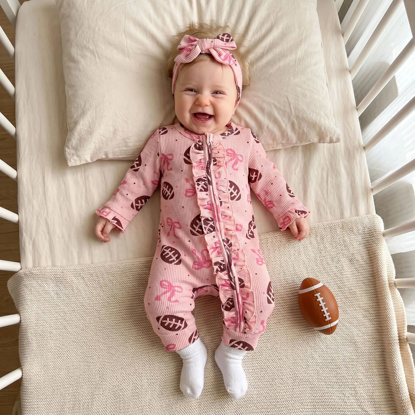 Baby Clothing Girls Fall Waffled Romper Bow Football Print Long Sleeve  Ruffled Zip Up Jumpsuit with Headband Newborn Clothes