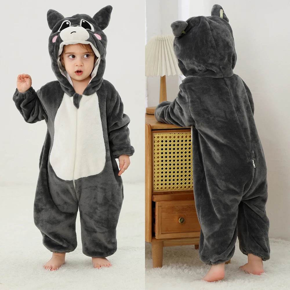 Cute Flannel Animal Rompers for Baby Winter Kid 1 2 3 4 Years Cartoon Jumpsuit Boy Girl Long Sleeve Hooded Playsuit Thick Pajama