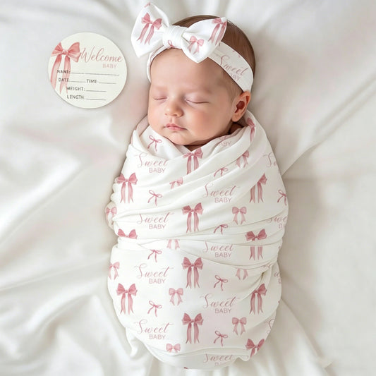 Newborn Photography Swaddle Blanket Set Pink Bow Print Infant Receiving Blanket with Headband Milestone Card Prop-HD