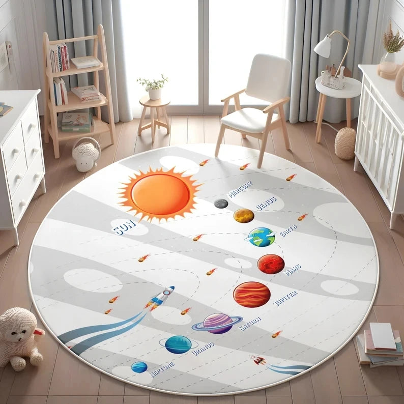 Planets Astronauts Playmat Round Rug  Living Room Decor Sofa Rug Kid's Play Mat Boys Bedroom Bedside