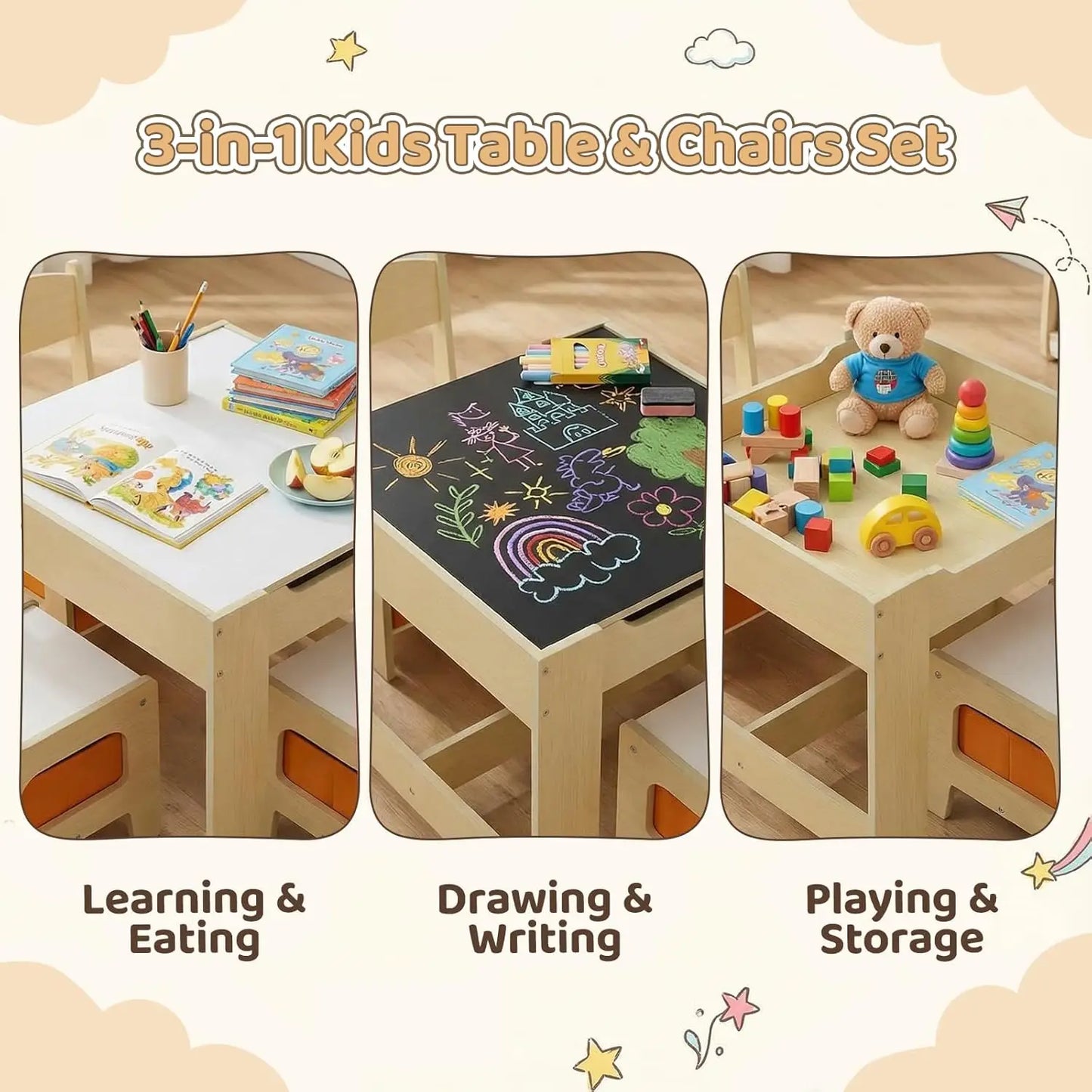 Kids Table and Chair Set, 4 in 1 Wooden Children Activity Table w/Storage, Reversible Deskboard, Blackboard,, Customized