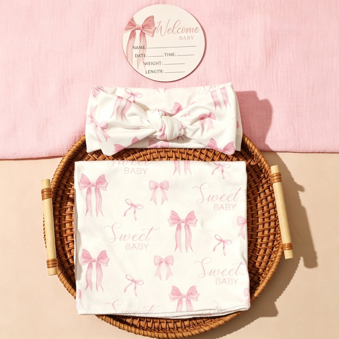 Newborn Photography Swaddle Blanket Set Pink Bow Print Infant Receiving Blanket with Headband Milestone Card Prop-HD