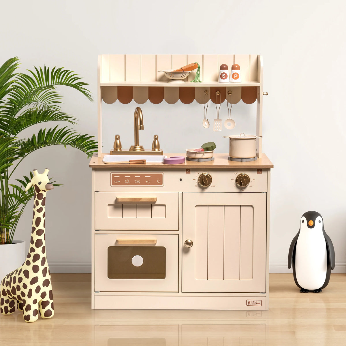 Play Kitchen for Kids Toddlers Wooden Pretend Play Kitchen Set Toy with Cutting Food Set Toys Kitchen Gift for 3+ Kids Beige