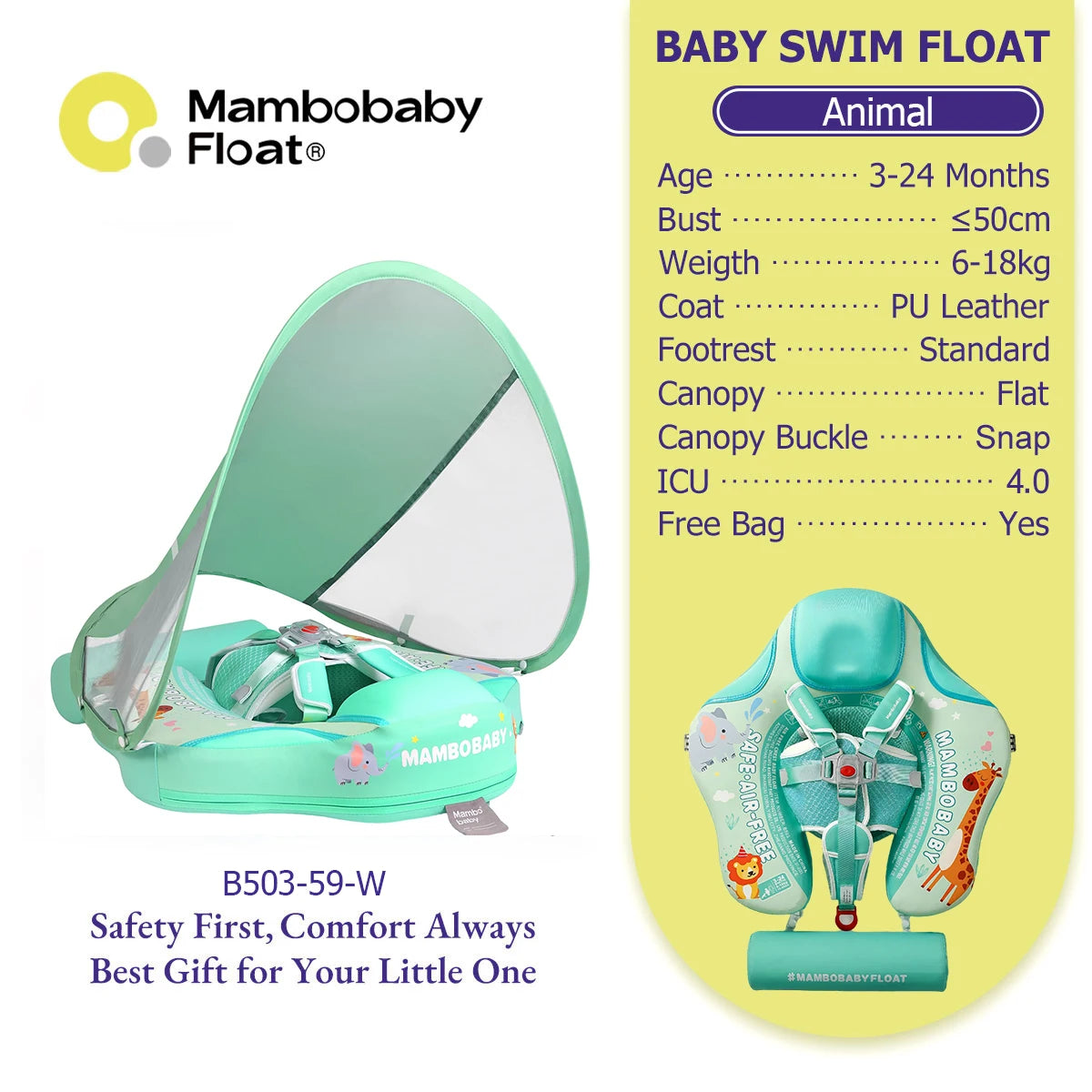 Mambobaby Gentle Skin-Safe Flamingo Air-Free Chest Float with Flat Canopy B503-143-W-Z Baby Swimming Ring Infant Water Circle