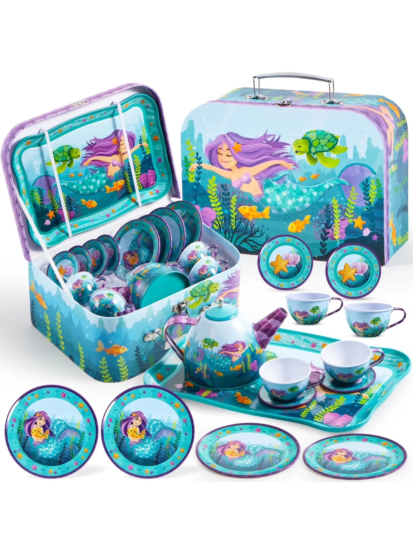 Kid Tea Set Mermaid Tea Party Set Princess Pretend Play Tin Teapot Set Kitchen Toy for Girls Toddlers 2 3 4 5 6 Years Old