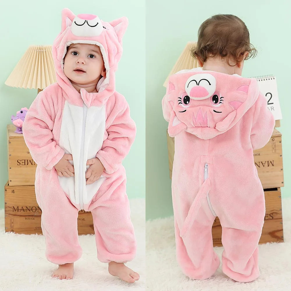 Cute Flannel Animal Rompers for Baby Winter Kid 1 2 3 4 Years Cartoon Jumpsuit Boy Girl Long Sleeve Hooded Playsuit Thick Pajama