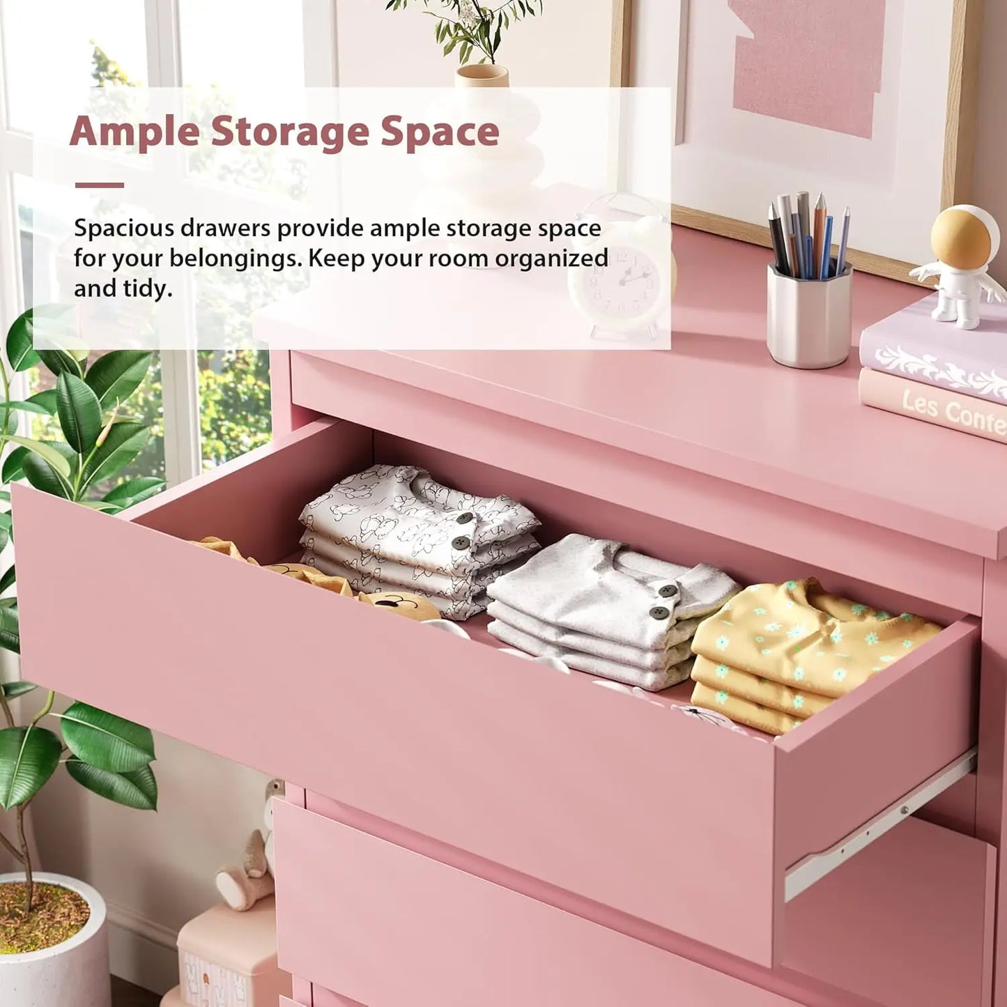 Pink 5 Drawer Dresser for Bedroom, 15" D x 23.7" W x 40.4" H in Modern Chest of Drawers, Wood Storage Dresser with Handleless