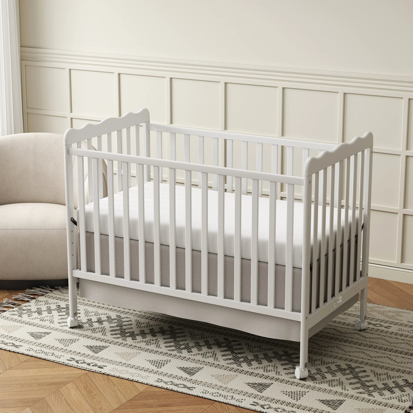 4-in-1 Convertible Wooden Baby Crib, Converts to Toddler Bed & Daybed, 3 Adjustable Mattress Heights, Non-Toxic Finish, Removable Wheels